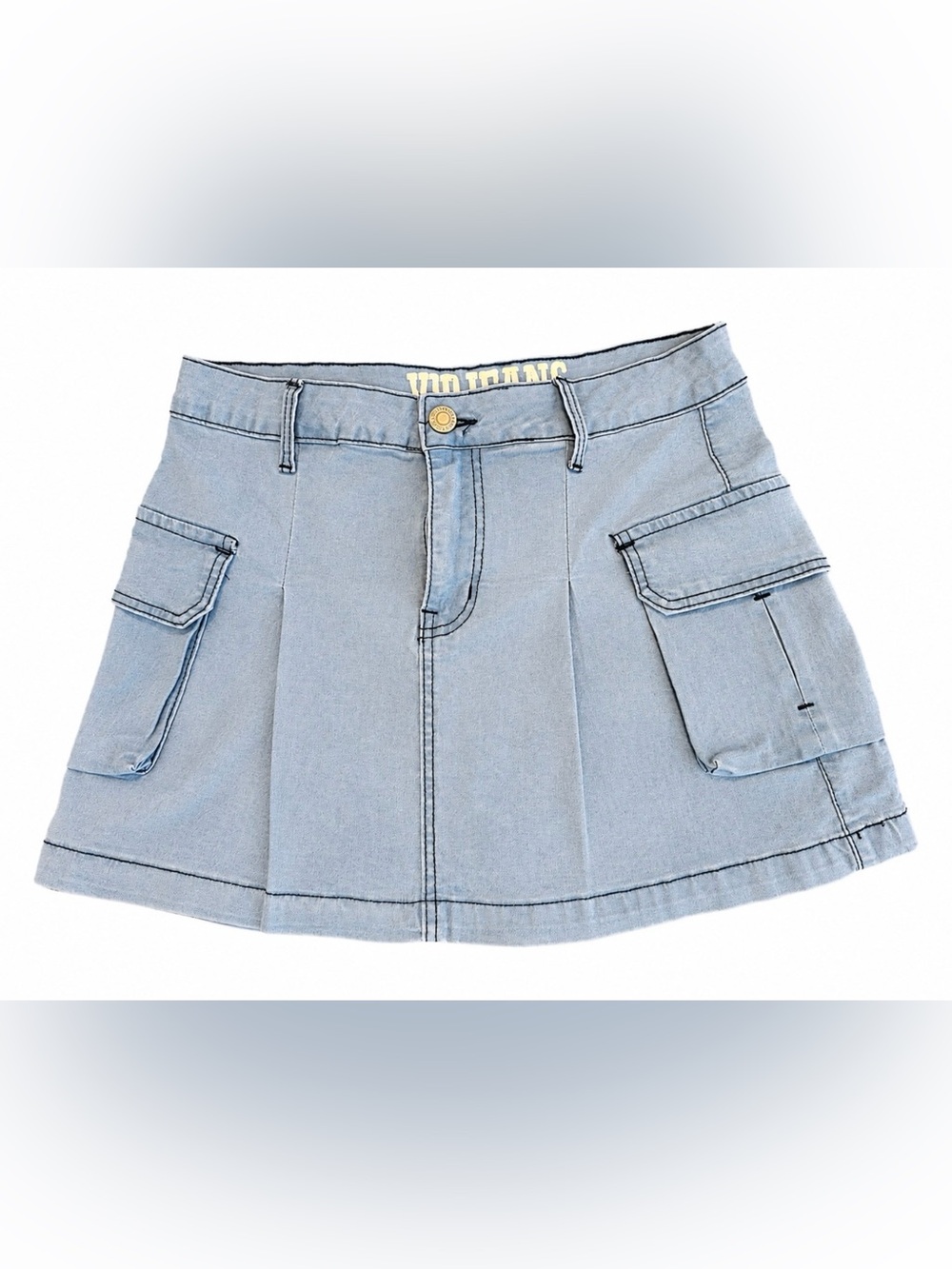 Juniors Light Wash Denim Mini Skirt with Cargo Pockets